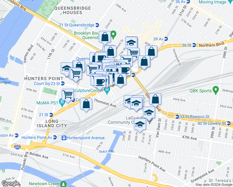 map of restaurants, bars, coffee shops, grocery stores, and more near 43-22 Queens Street in Queens