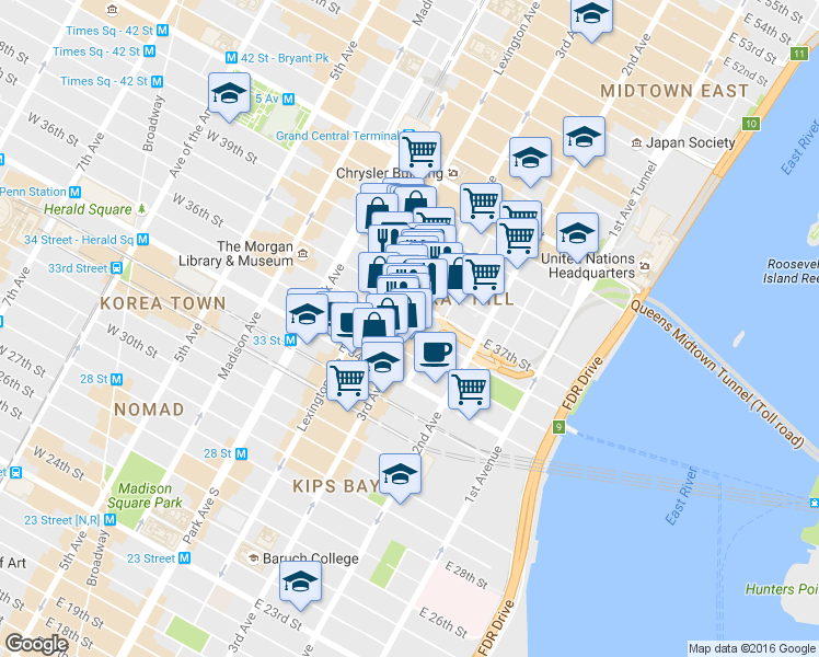 map of restaurants, bars, coffee shops, grocery stores, and more near 162 East 36th Street in New York