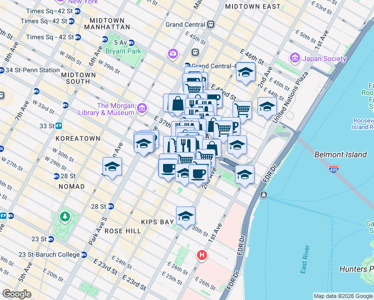 map of restaurants, bars, coffee shops, grocery stores, and more near in New York