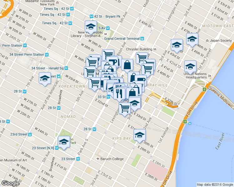 map of restaurants, bars, coffee shops, grocery stores, and more near in New York