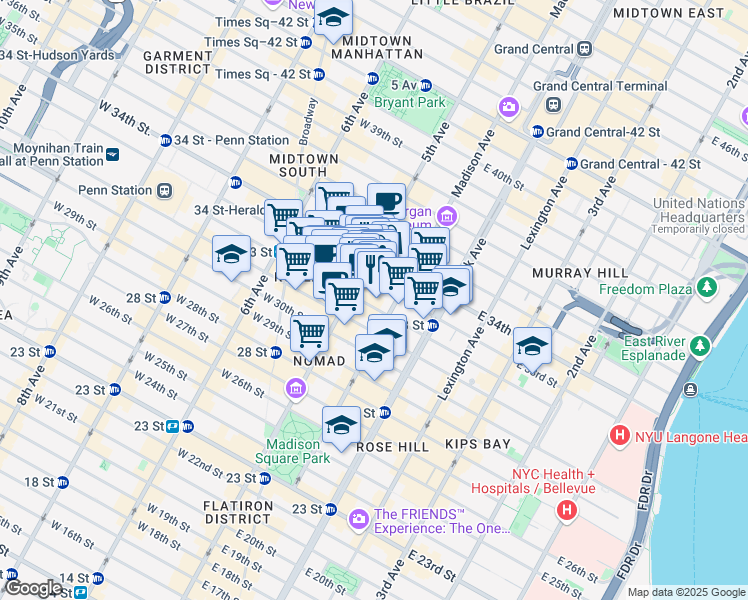 map of restaurants, bars, coffee shops, grocery stores, and more near 10E East 33rd Street in New York