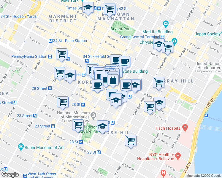 map of restaurants, bars, coffee shops, grocery stores, and more near 10E East 33rd Street in New York
