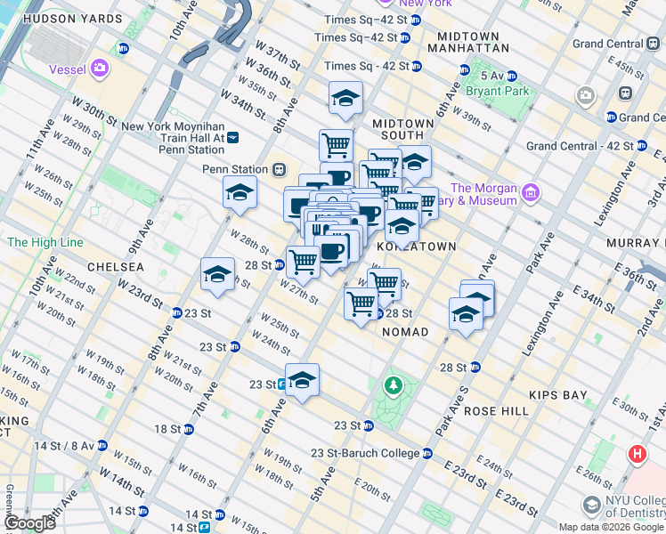 map of restaurants, bars, coffee shops, grocery stores, and more near 120 West 30th Street in New York