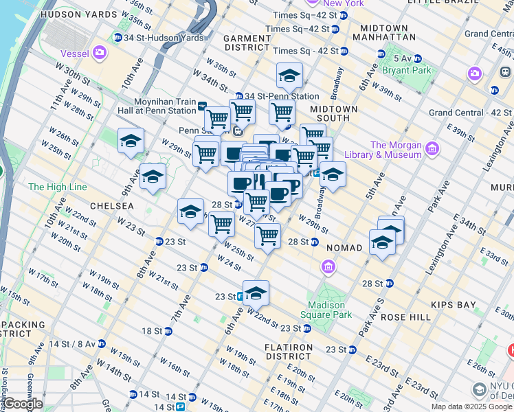 map of restaurants, bars, coffee shops, grocery stores, and more near 145 West 28th Street in New York