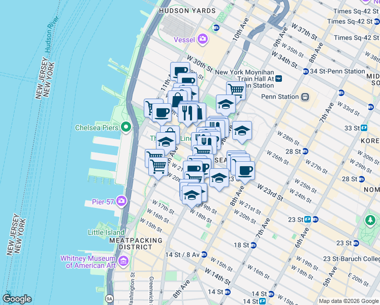 map of restaurants, bars, coffee shops, grocery stores, and more near in New York