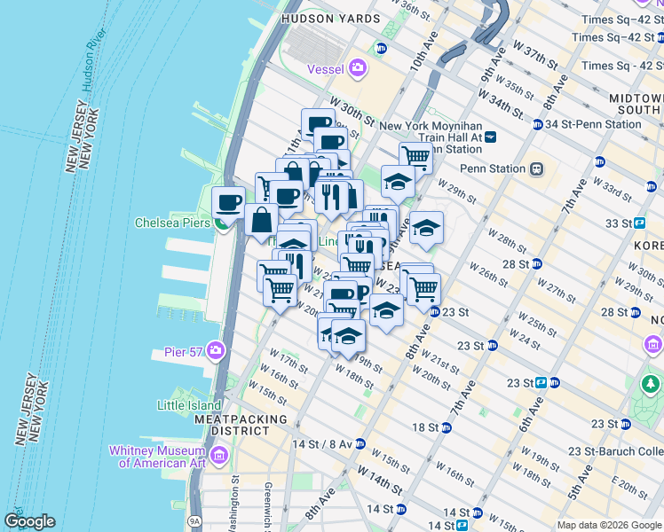 map of restaurants, bars, coffee shops, grocery stores, and more near in New York