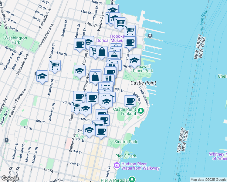 map of restaurants, bars, coffee shops, grocery stores, and more near 902 Washington Street in Hoboken