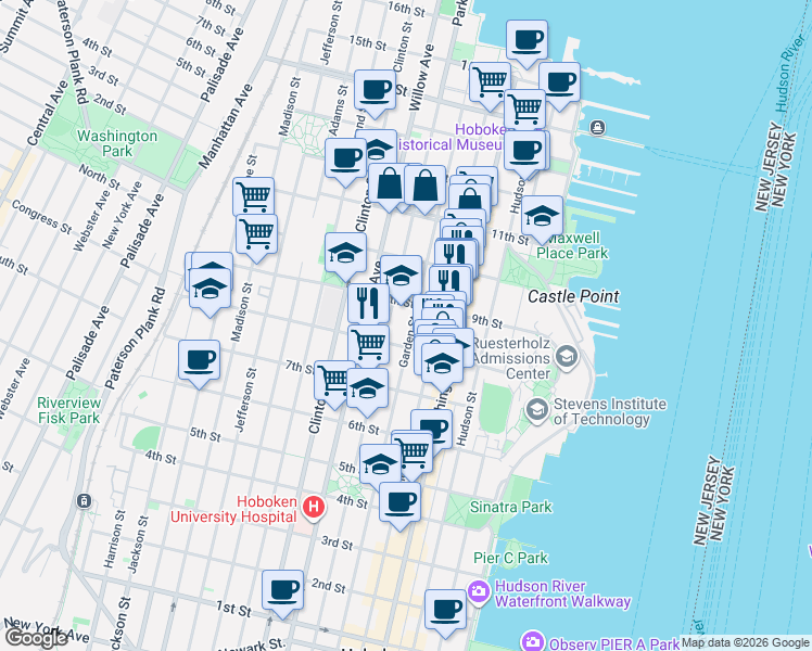 map of restaurants, bars, coffee shops, grocery stores, and more near 167 9th Street in Hoboken