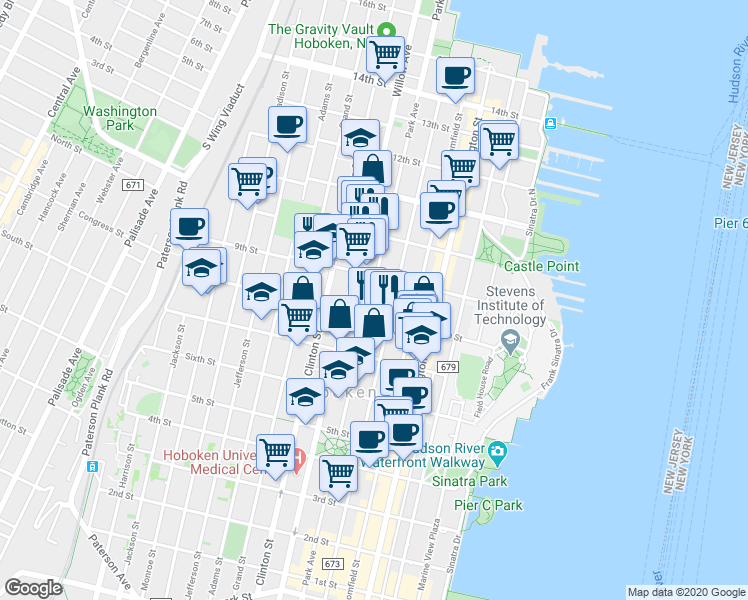 map of restaurants, bars, coffee shops, grocery stores, and more near 836 Park Avenue in Hoboken
