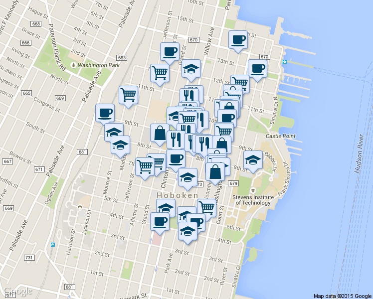 map of restaurants, bars, coffee shops, grocery stores, and more near 836 Park Avenue in Hoboken