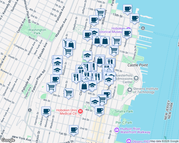 map of restaurants, bars, coffee shops, grocery stores, and more near in Hoboken