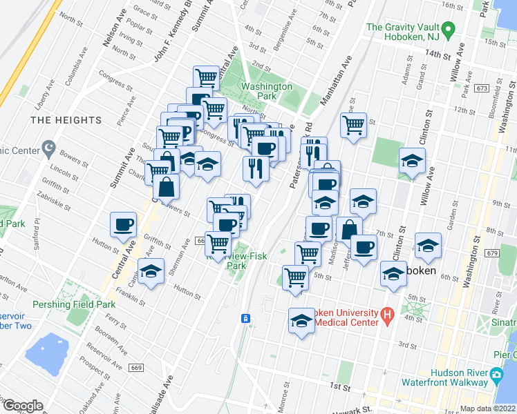 map of restaurants, bars, coffee shops, grocery stores, and more near in Jersey City