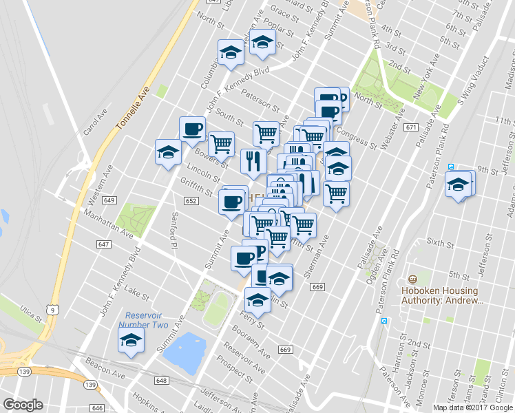 map of restaurants, bars, coffee shops, grocery stores, and more near in Jersey City
