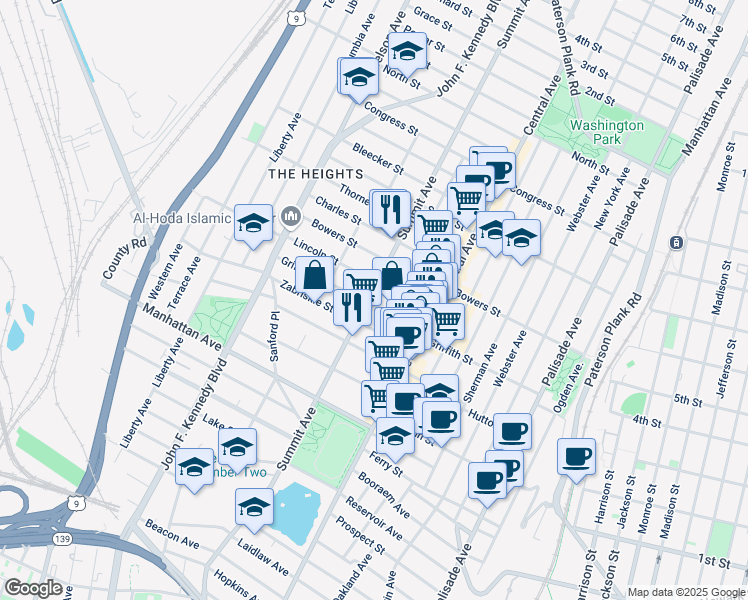 map of restaurants, bars, coffee shops, grocery stores, and more near 65 Lincoln Street in Jersey City