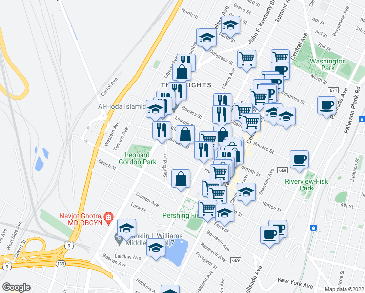 map of restaurants, bars, coffee shops, grocery stores, and more near 124 Zabriskie Street in Jersey City