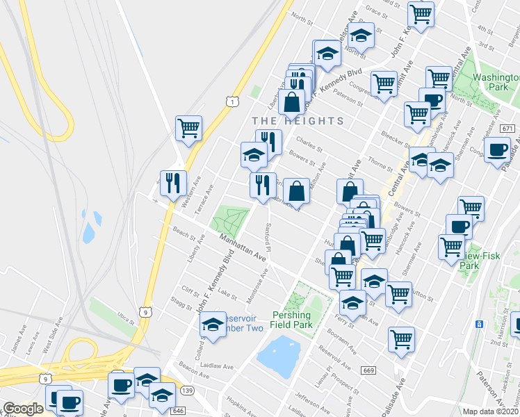 map of restaurants, bars, coffee shops, grocery stores, and more near 3371 John F. Kennedy Boulevard in Union City