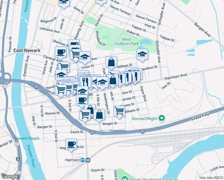 map of restaurants, bars, coffee shops, grocery stores, and more near 4 Davis Avenue in Harrison