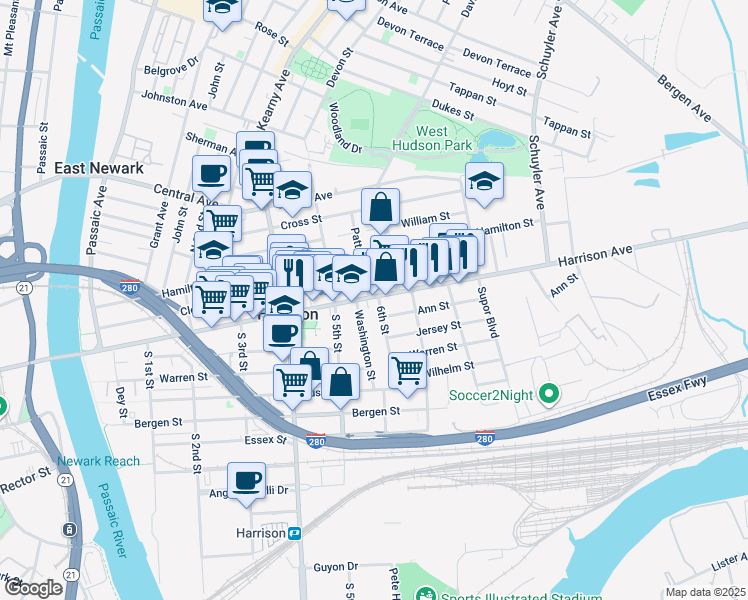 map of restaurants, bars, coffee shops, grocery stores, and more near 4 Davis Avenue in Harrison