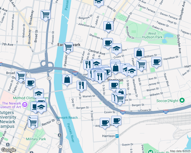 map of restaurants, bars, coffee shops, grocery stores, and more near 206B Hamilton Street in Harrison