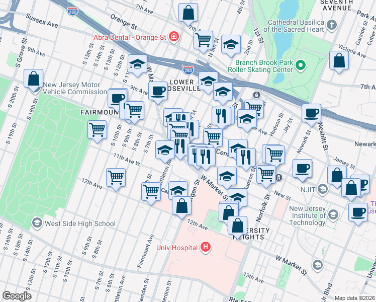map of restaurants, bars, coffee shops, grocery stores, and more near in Newark