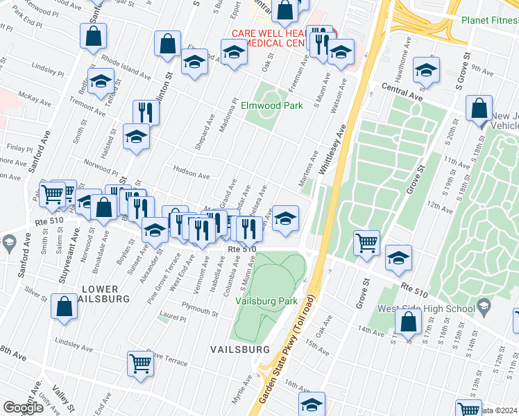 map of restaurants, bars, coffee shops, grocery stores, and more near 71 North Munn Avenue in Newark