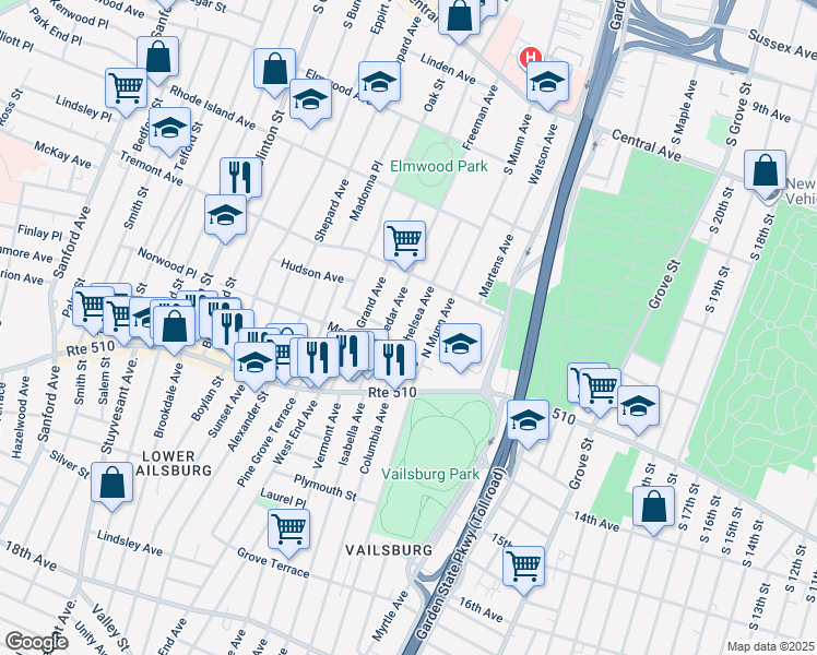 map of restaurants, bars, coffee shops, grocery stores, and more near 78 Cedar Avenue in Newark