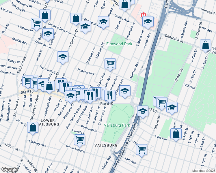 map of restaurants, bars, coffee shops, grocery stores, and more near 78 Cedar Avenue in Newark