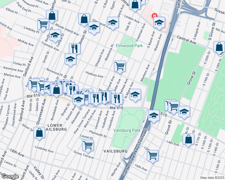 map of restaurants, bars, coffee shops, grocery stores, and more near 78 Cedar Avenue in Newark