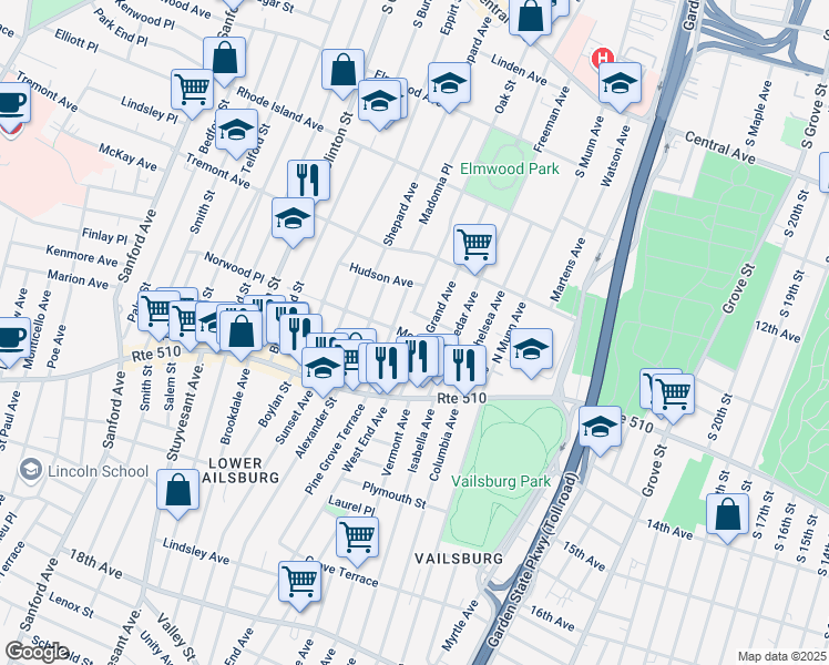 map of restaurants, bars, coffee shops, grocery stores, and more near 73 Grand Avenue in Newark
