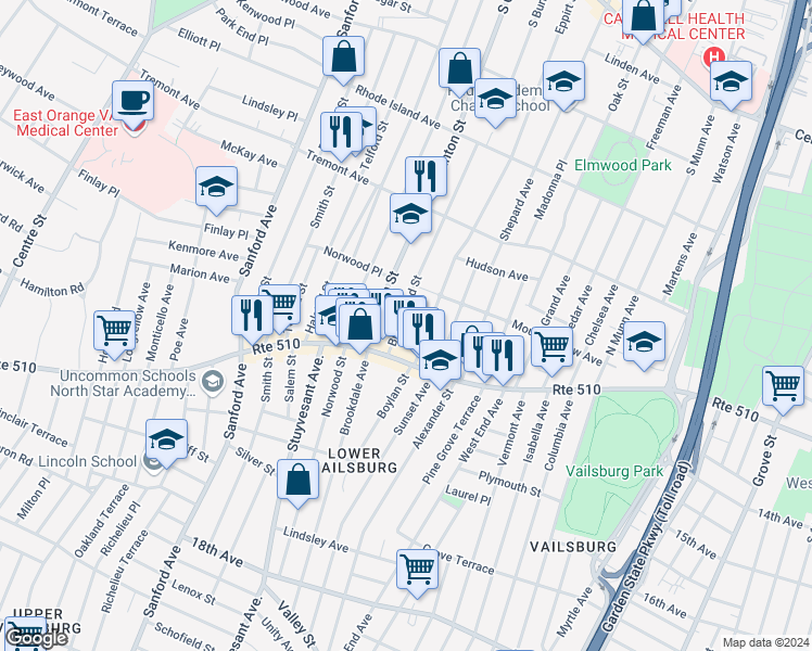 map of restaurants, bars, coffee shops, grocery stores, and more near 548 South Clinton Street in East Orange