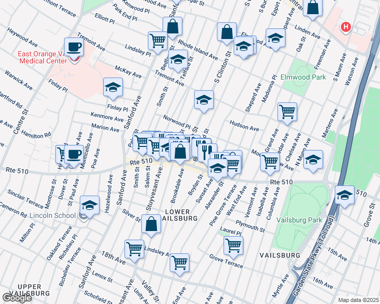 map of restaurants, bars, coffee shops, grocery stores, and more near 548 South Clinton Street in East Orange