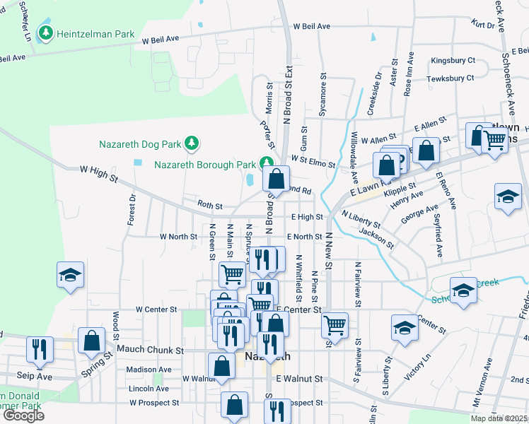 map of restaurants, bars, coffee shops, grocery stores, and more near 41 East High Street in Nazareth