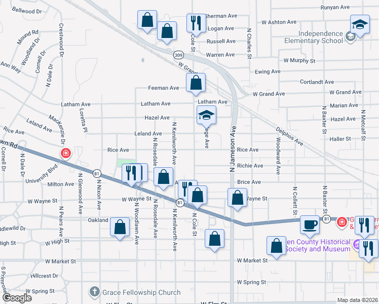 map of restaurants, bars, coffee shops, grocery stores, and more near 708 North Cole Street in Lima
