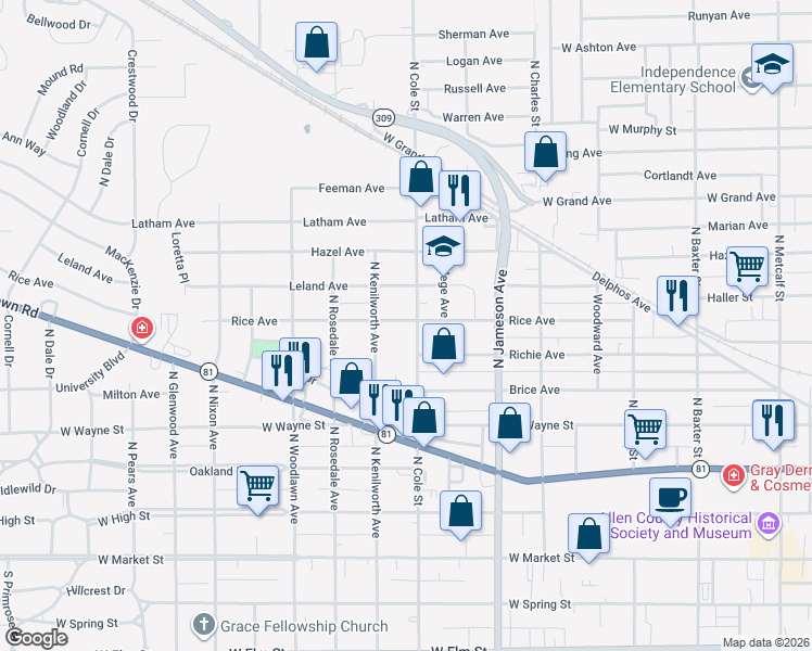 map of restaurants, bars, coffee shops, grocery stores, and more near 708 North Cole Street in Lima