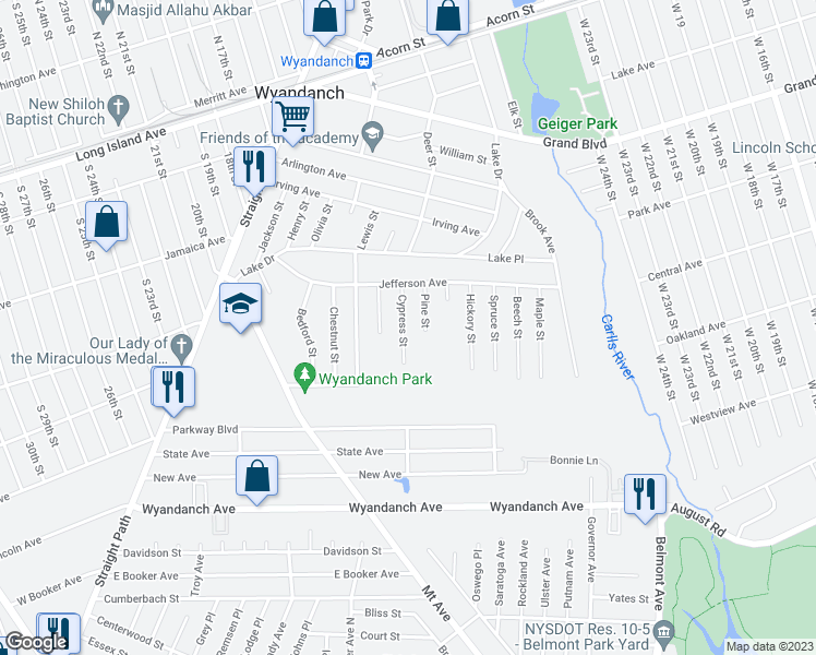 map of restaurants, bars, coffee shops, grocery stores, and more near 21 Cypress Street in Wyandanch