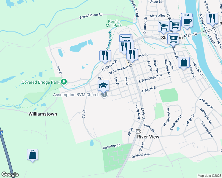 map of restaurants, bars, coffee shops, grocery stores, and more near 537 West Franklin Street in Slatington