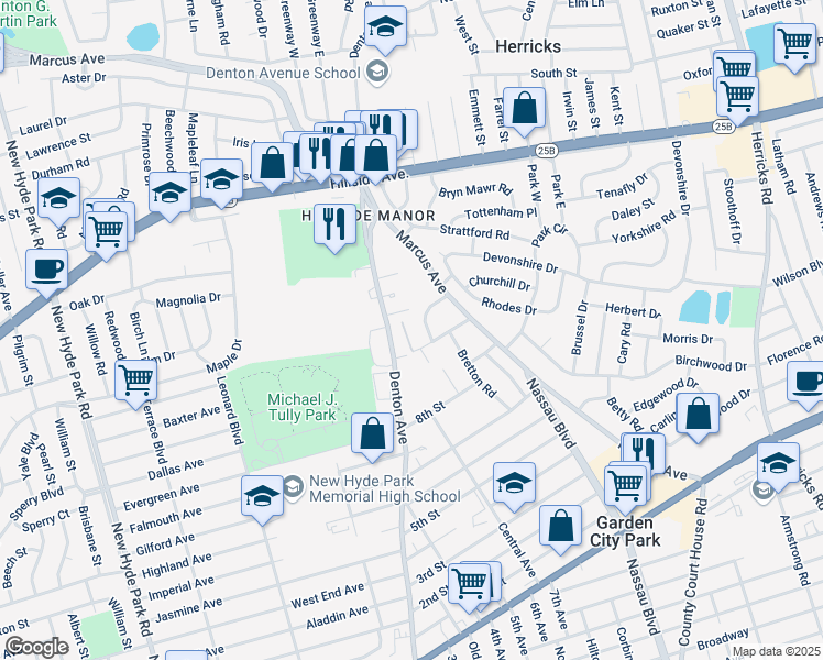 map of restaurants, bars, coffee shops, grocery stores, and more near 9 Whitehall Lane in New Hyde Park