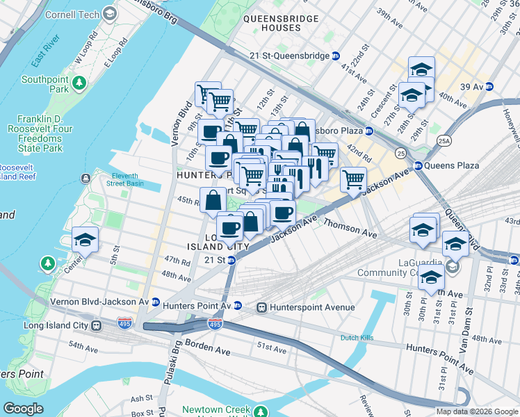 map of restaurants, bars, coffee shops, grocery stores, and more near 21-11 45th Avenue in Queens