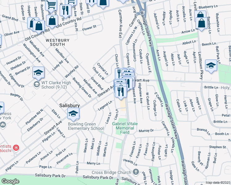 map of restaurants, bars, coffee shops, grocery stores, and more near 176 Land Lane in Westbury