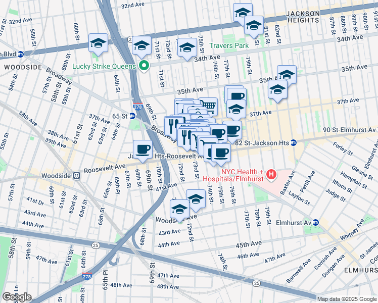 map of restaurants, bars, coffee shops, grocery stores, and more near 7232 Broadway in Queens