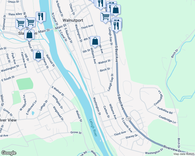 map of restaurants, bars, coffee shops, grocery stores, and more near 716 Williams Avenue in Walnutport