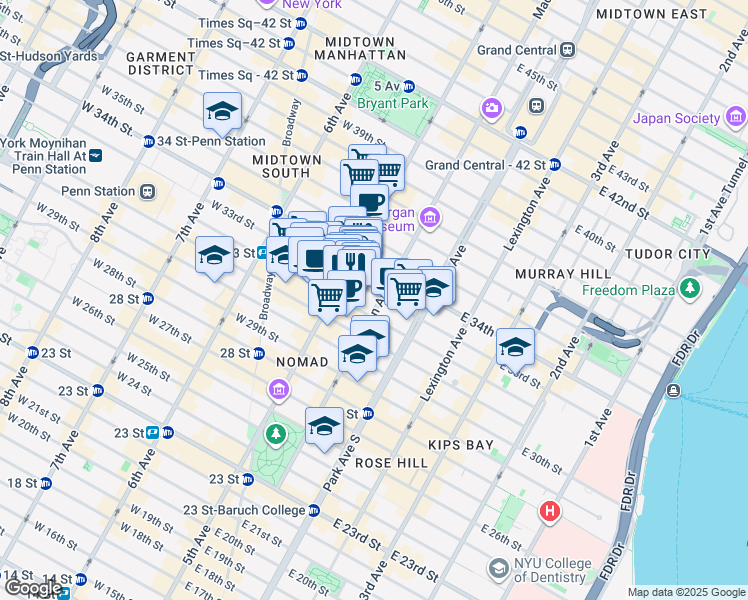 map of restaurants, bars, coffee shops, grocery stores, and more near 168 Madison Avenue in New York
