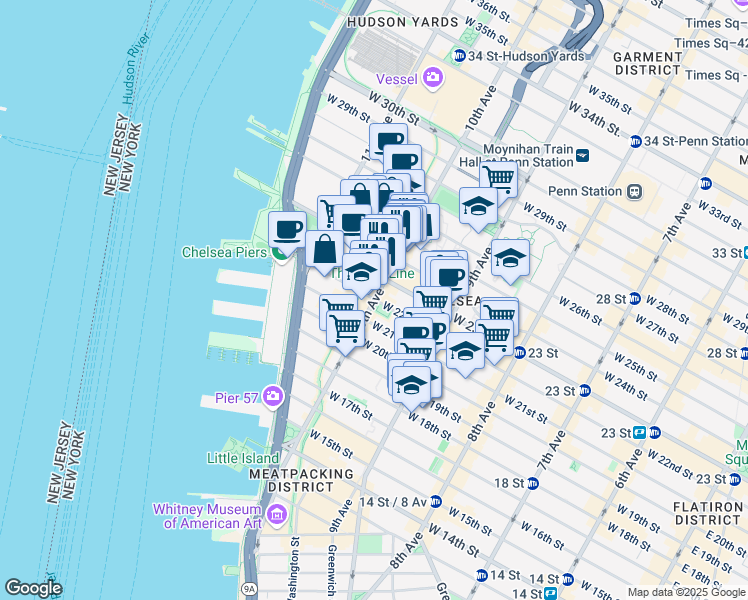 map of restaurants, bars, coffee shops, grocery stores, and more near 10th Ave & W 22nd St in New York