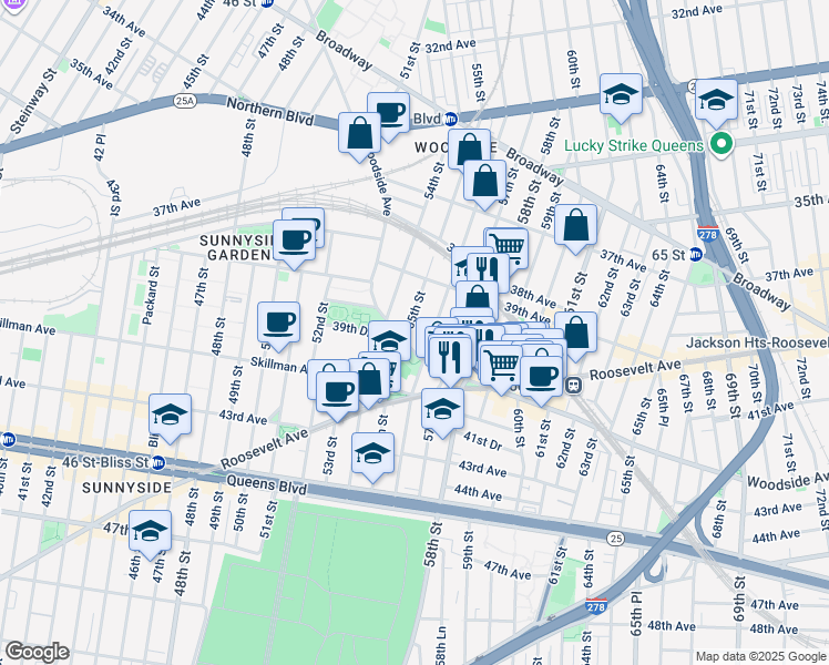 map of restaurants, bars, coffee shops, grocery stores, and more near 55-05 Woodside Avenue in Queens