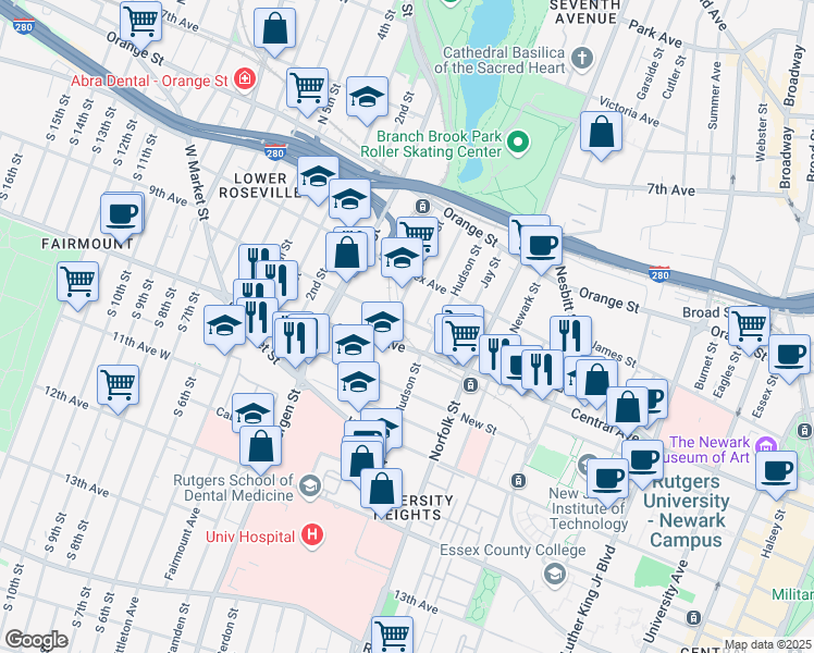map of restaurants, bars, coffee shops, grocery stores, and more near 208-222 Sussex Avenue in Newark