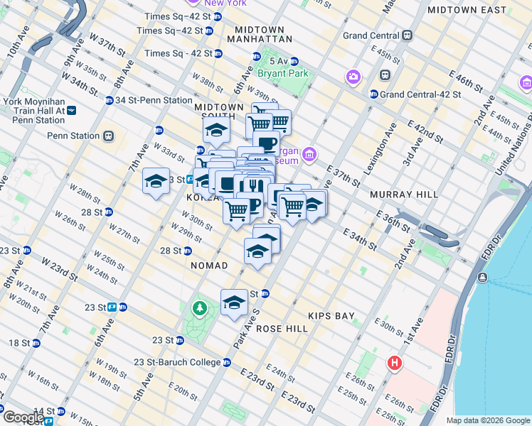 map of restaurants, bars, coffee shops, grocery stores, and more near 160 Madison Avenue in New York