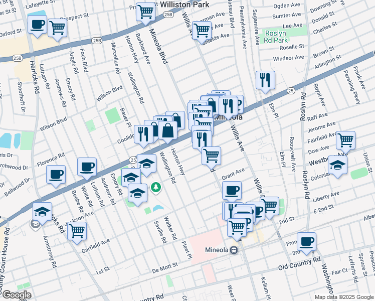 map of restaurants, bars, coffee shops, grocery stores, and more near 212 Washington Avenue in Mineola