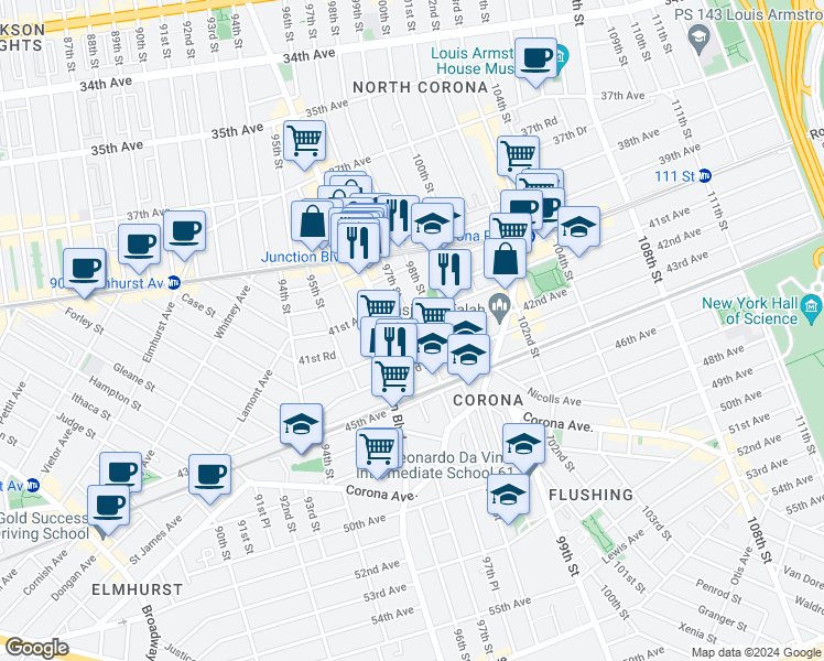 map of restaurants, bars, coffee shops, grocery stores, and more near 40-6 97th Street in Queens