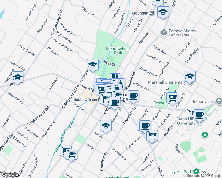 map of restaurants, bars, coffee shops, grocery stores, and more near 9 Vose Avenue in South Orange