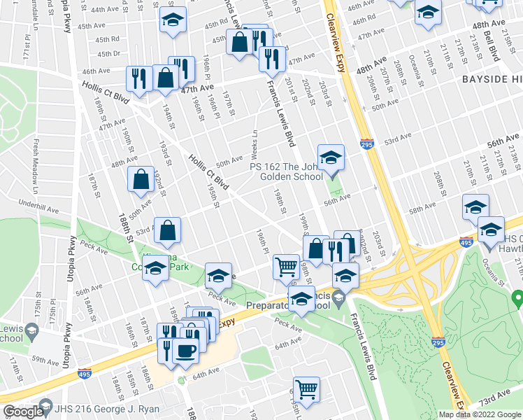 map of restaurants, bars, coffee shops, grocery stores, and more near 53-41 Hollis Court Boulevard in Queens